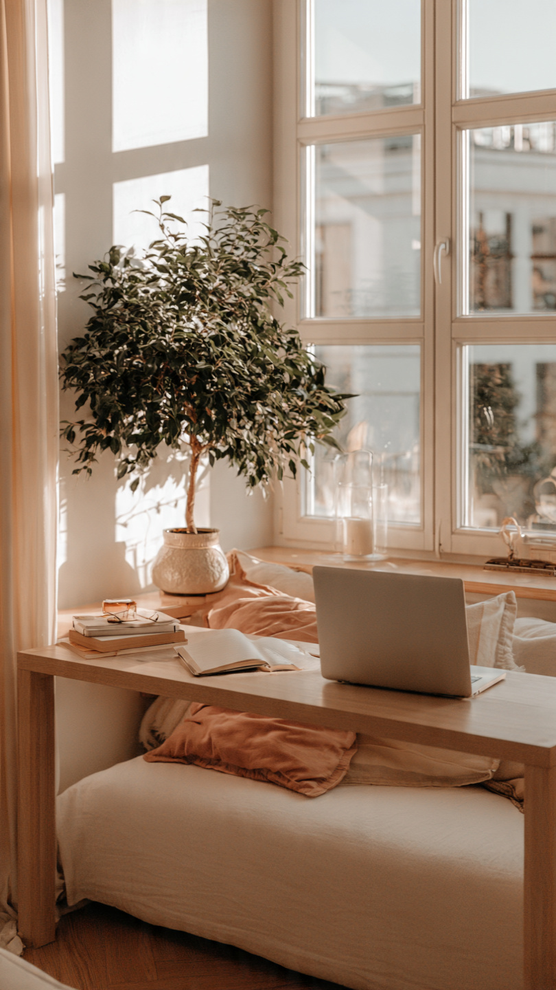 Example Pinterest pin scheduled with PinBuddy — a bright, cozy home-office scene