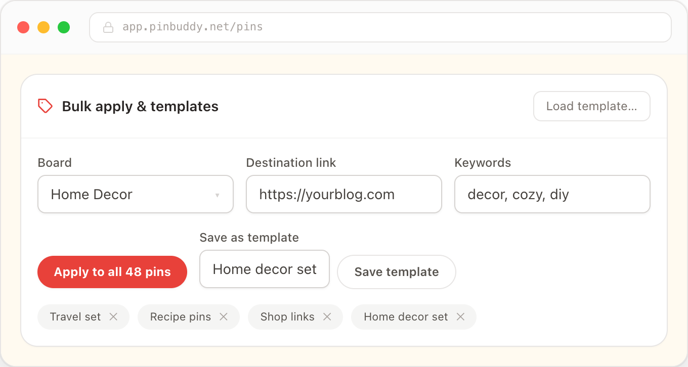 PinBuddy bulk-apply panel setting board, link and keywords across all pins