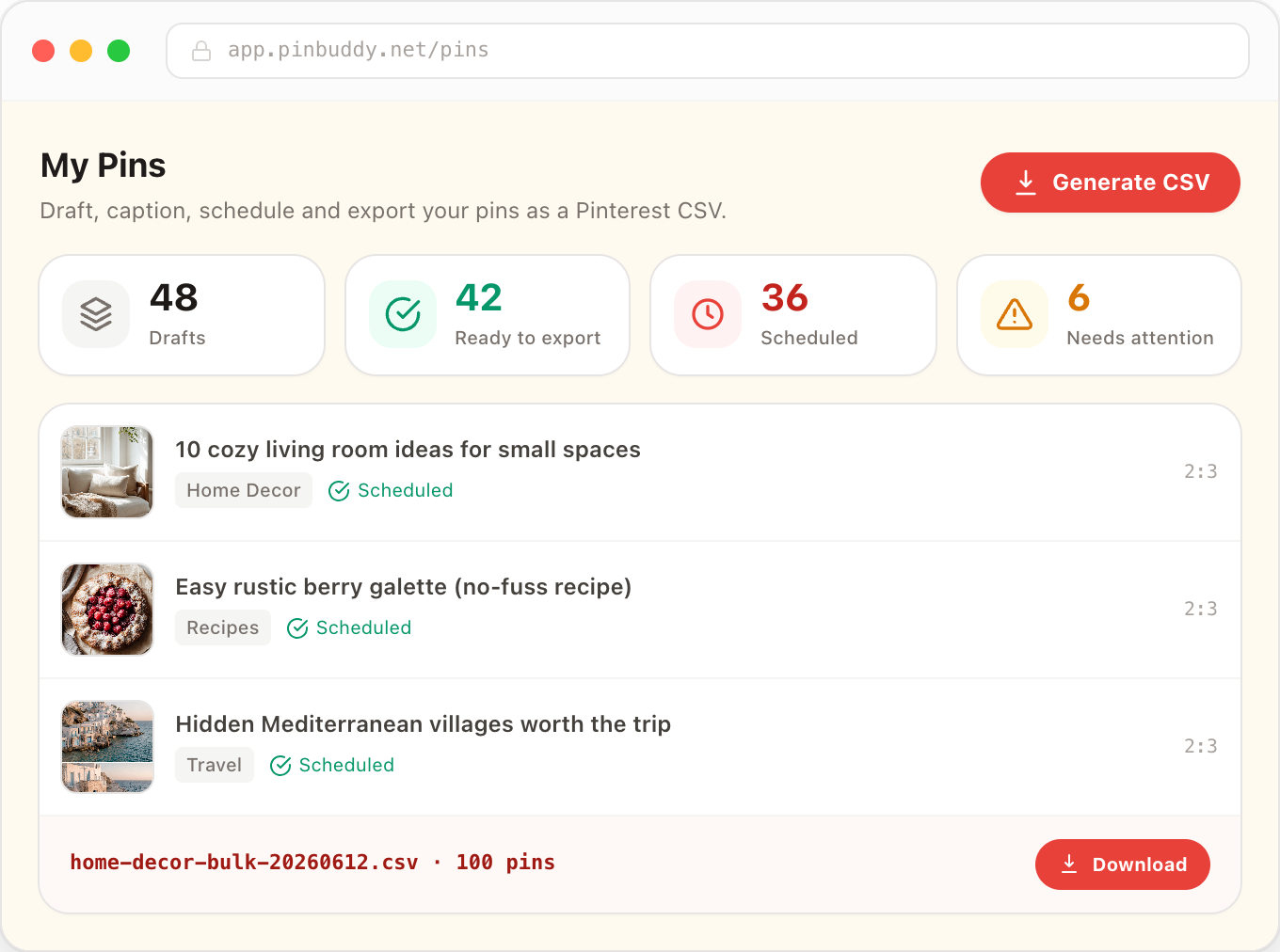 PinBuddy My Pins overview with KPI cards and a one-click Pinterest CSV export