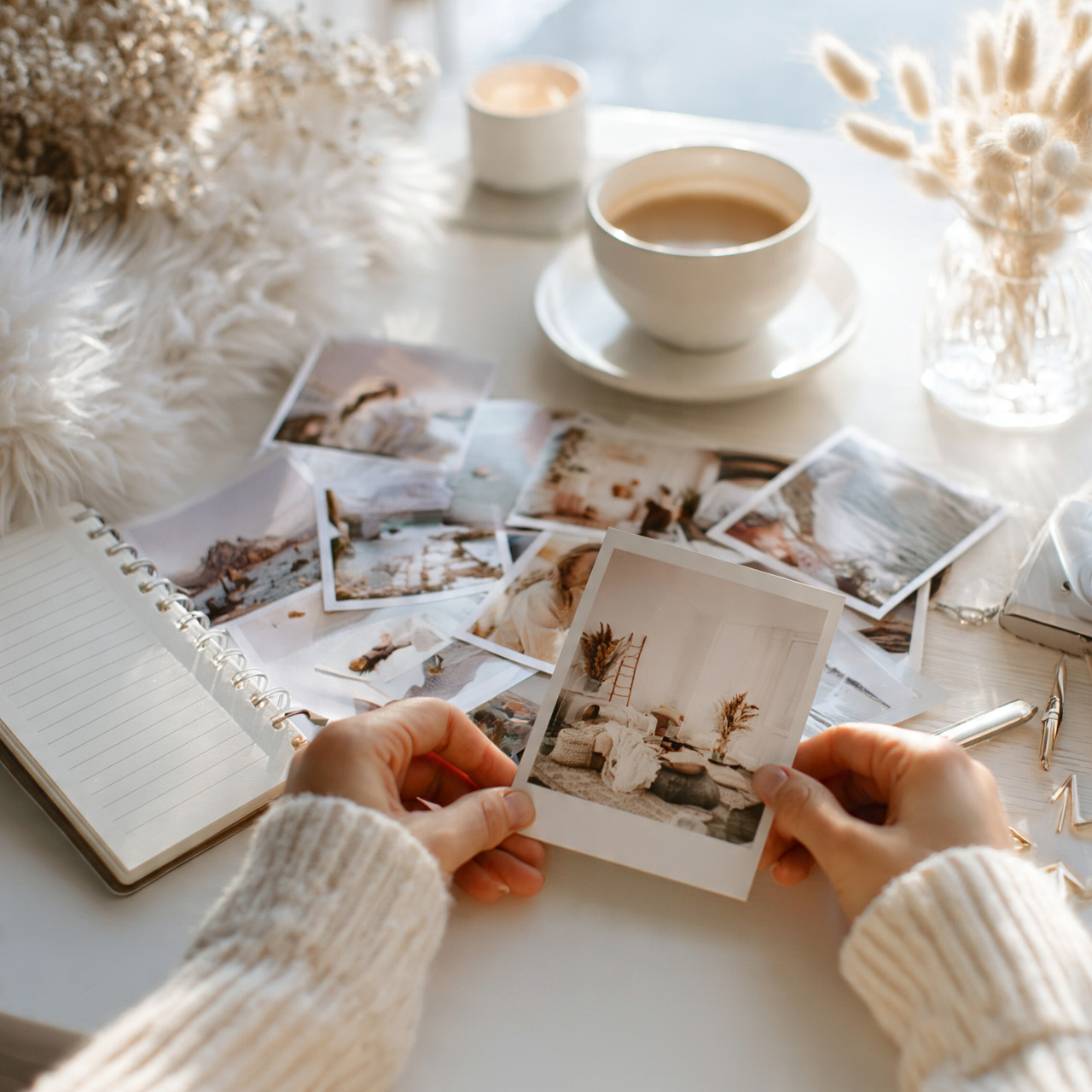 A blogger arranging photos and notes to create Pinterest content